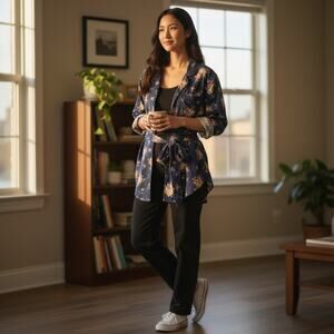 LIZ Wear Navy Blue Floral Blouse with Tie Belt Long Sleeve Top